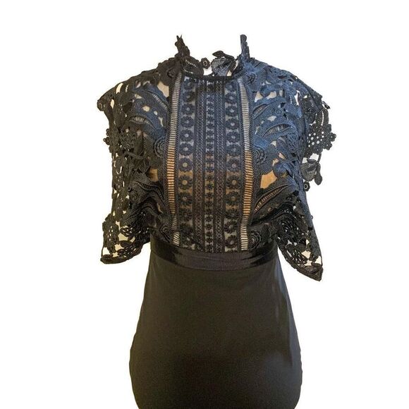 Self-Portrait Guipure Lace and Crepe Midi Evening Dress Black US 4 Small - Picture 2 of 12